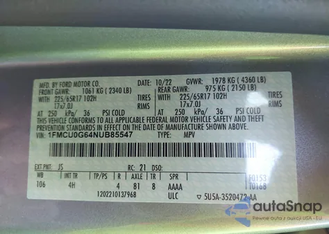 2022 Ford Escape Se from USA, damaged, VIN 1FMCU0G64N4B85547